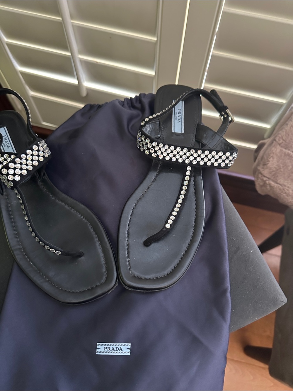 Prada Black Crystal T-Strap Sandals